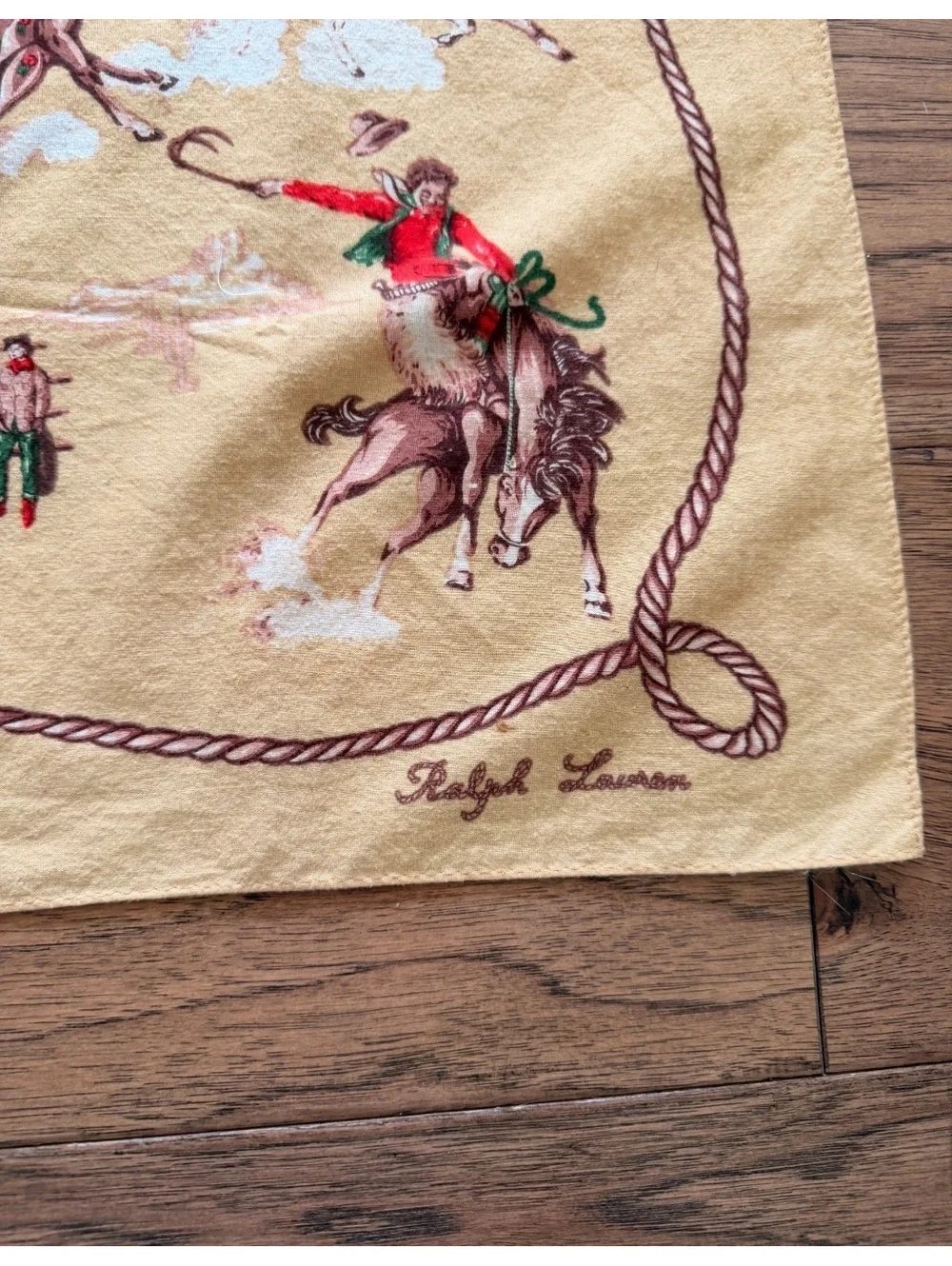 Vintage Ralph Lauren Yellow Cowboy Print Western Square Scarf 26